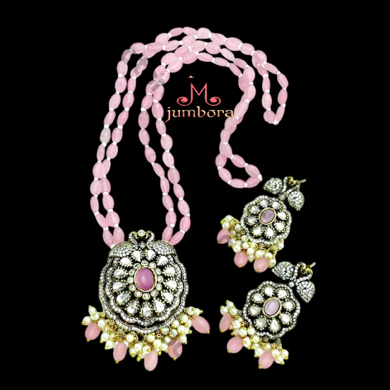 Pink Cat Eye & White AD Zircon Victorian Pendant with Pink Monalisa Beads Necklace Set