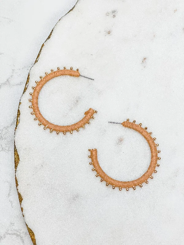 Gold Studded Hoop Earrings - Beige