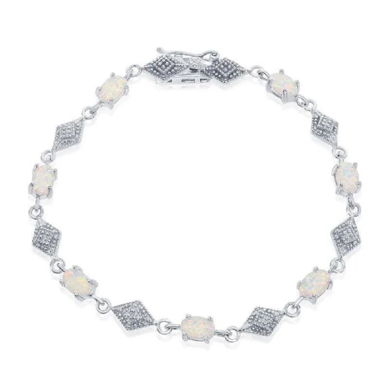 Sterling Silver Oval White Opal With Marquise Shape CZ Bracelet