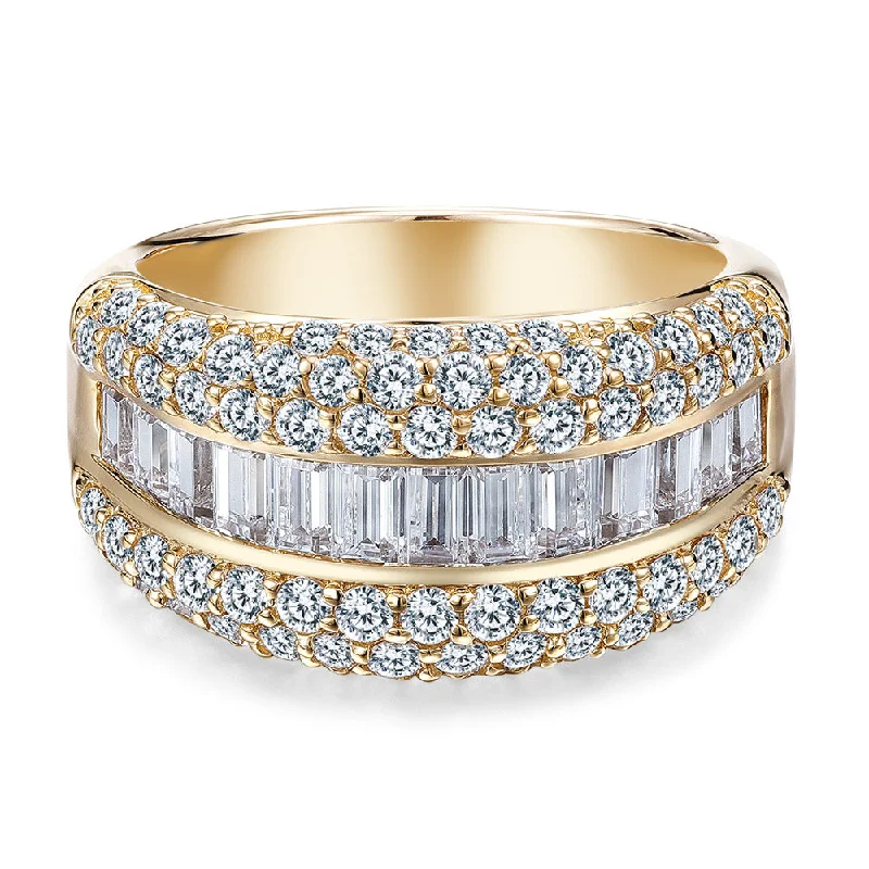 Round Brilliant and Baguette Dress ring with 2.65 carats* of diamond simulants in 10 carat yellow gold