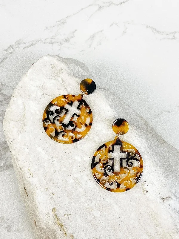 Acrylic Filigree Cross Dangle Earrings - Tortoise