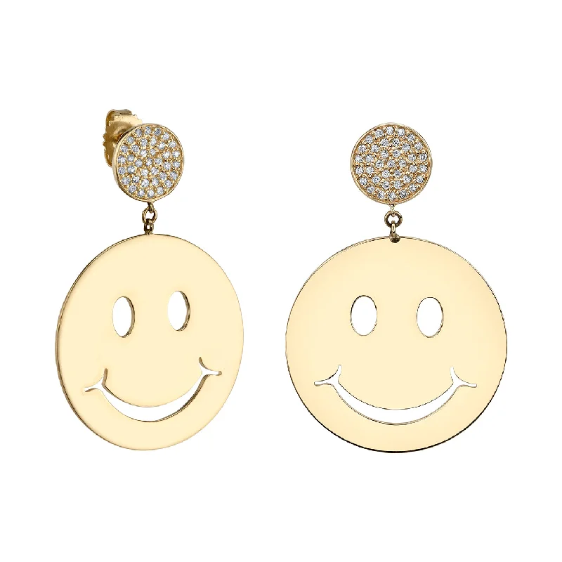 Gold Pure Large Happy Face Earrings with Pavé Disc Tops