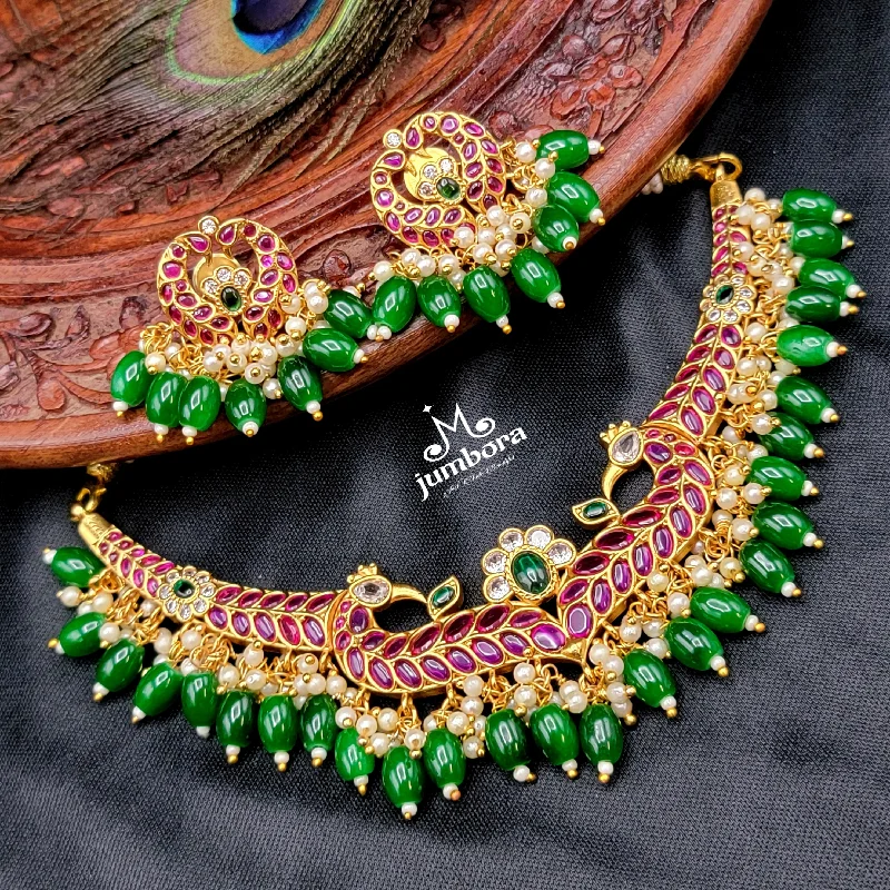 Peacock Red & Green Real Kemp Necklace Choker Set