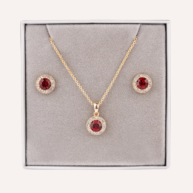 July Ruby-Colour Birthstone Necklace & Earring Set In Gold-Tone