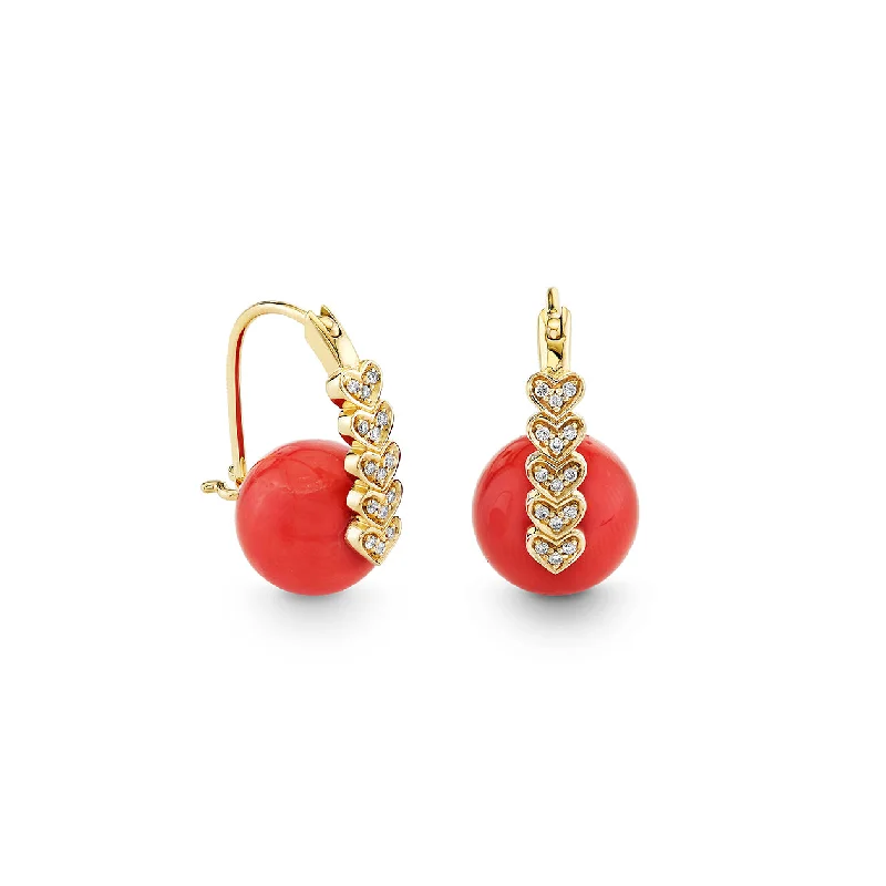 Gold & Diamond Heart Coral Earrings