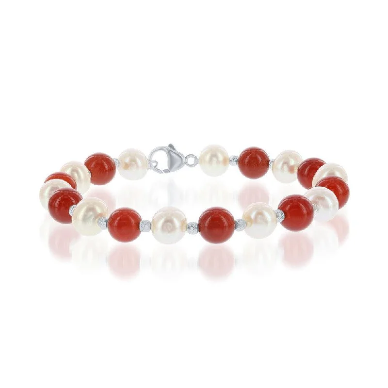 Sterling Silver FWP and Carnelian Alternating Bracelet, 7.25"