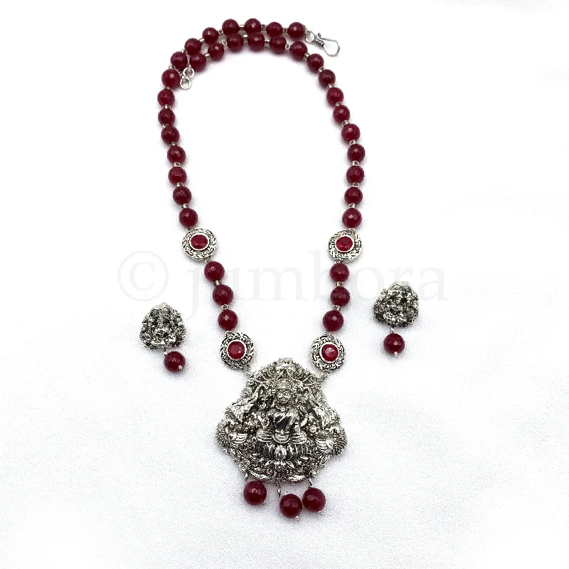 Handmade Lakshmi Oxidized Silver Bead Mala Necklace Set in Agate Maroon Red Beads