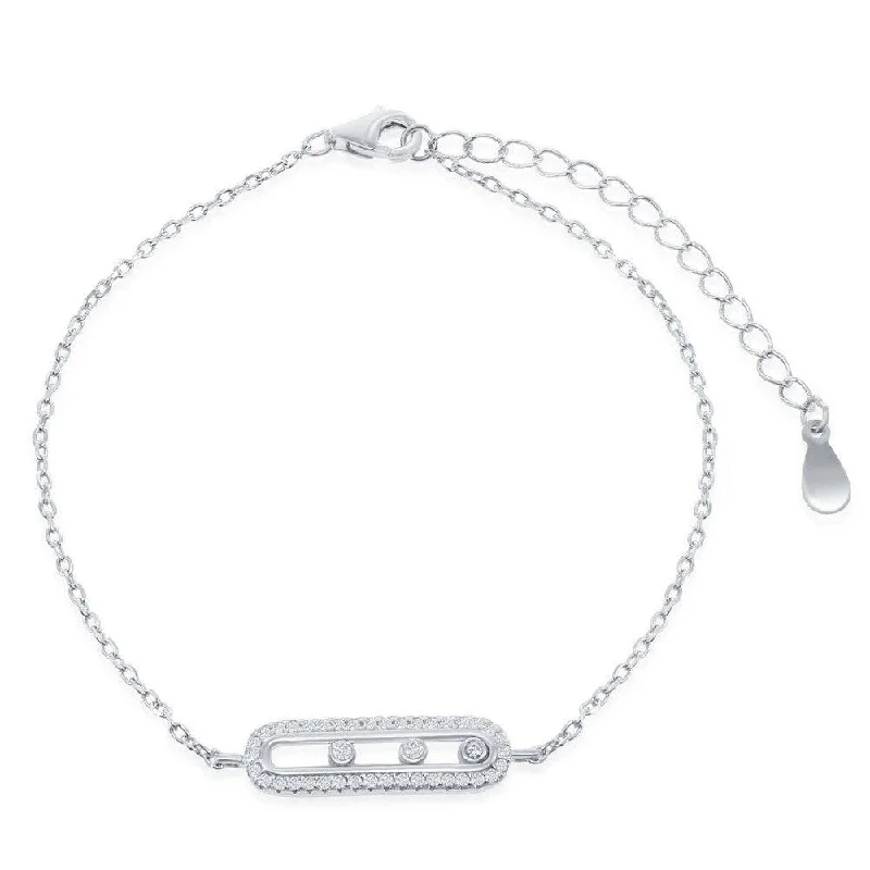 Sterling Silver Rectangle with Sliding Bezel-Set CZ Bracelet, 6"