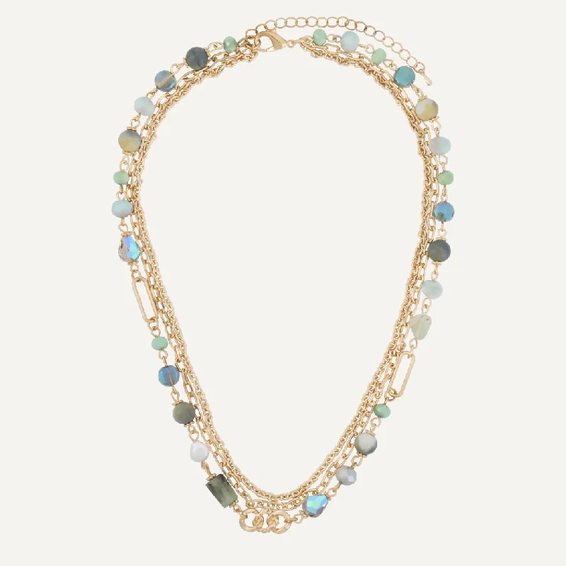 Green Crystal & Natural Stone Multi-Layer Short Necklace In Gold-Tone