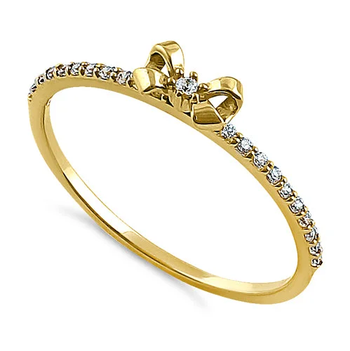 Solid 14K Yellow Gold Bow Ribbon Round CZ Ring