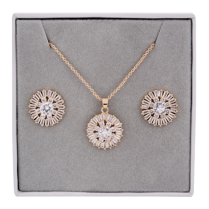 Flower Boxed Cubic Zirconia Necklace & Earring Jewellery Set In Gold-Tone