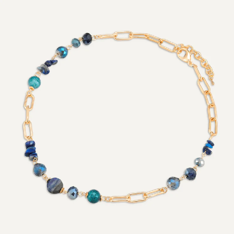 Chain Link Blue Semi-Precious Stone & Crystal Short Necklace In Gold-Tone