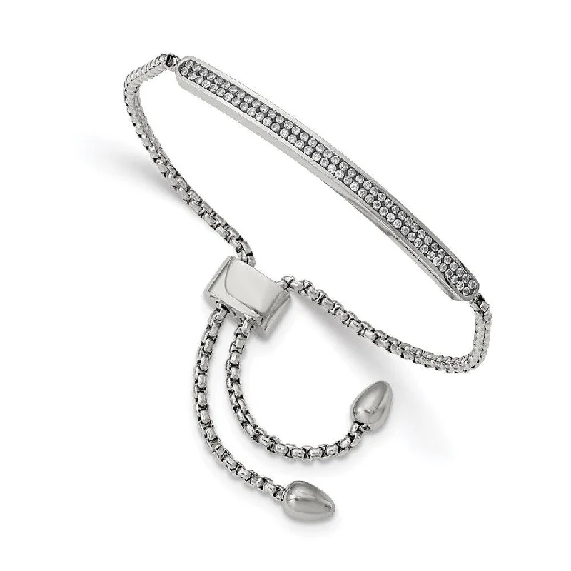 Stainless Steel Polished with 2 Row CZ Bar Friendship/Bolo Adj Bracelet