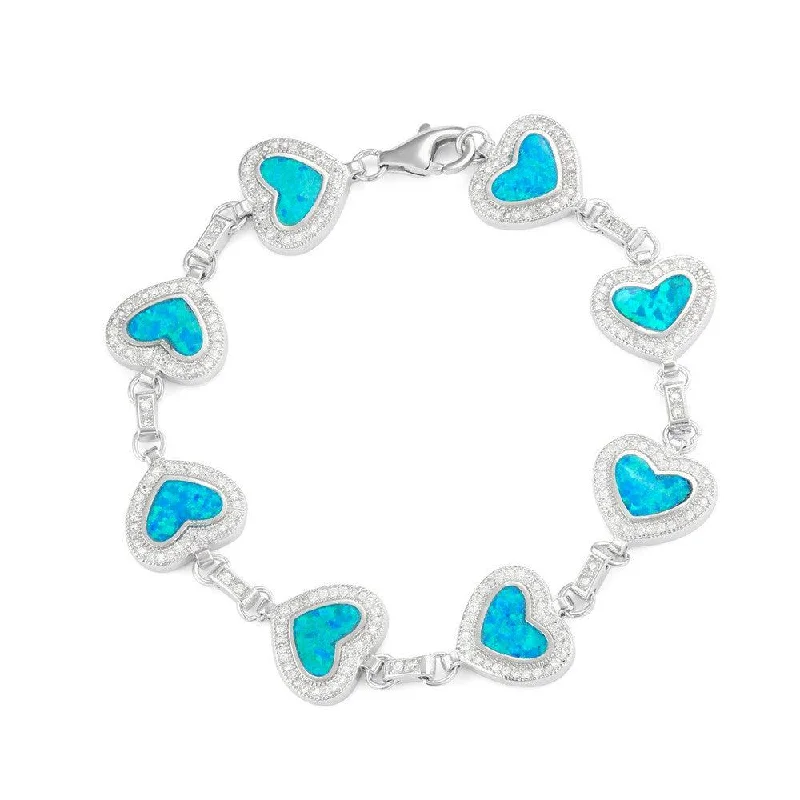 Sterling Silver Heart Blue Opal with Micro Pave CZ Bracelet