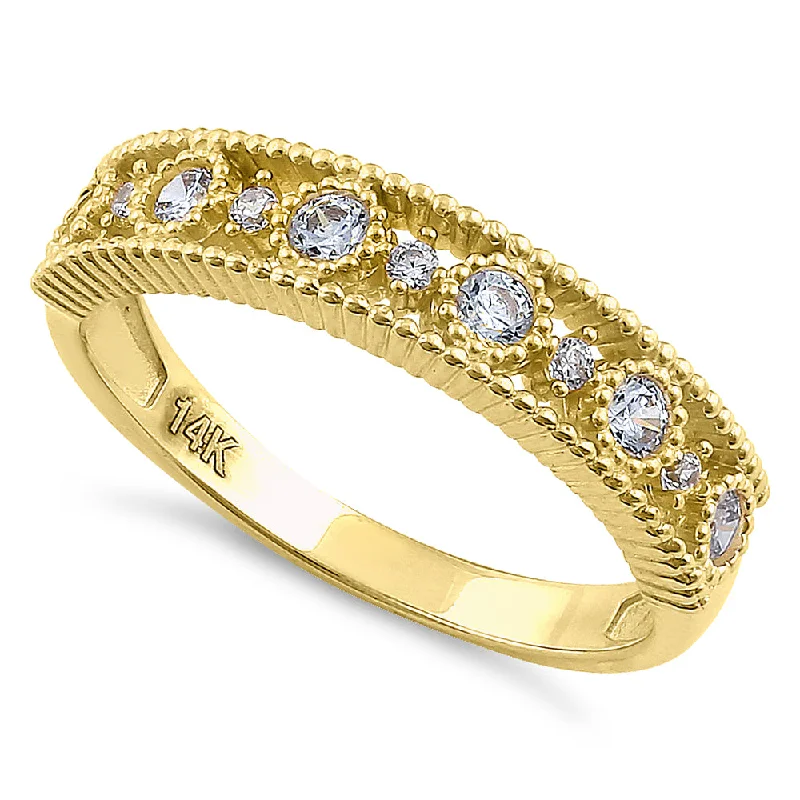 Solid 14K Yellow Gold Alternating Round Cut CZ Ring