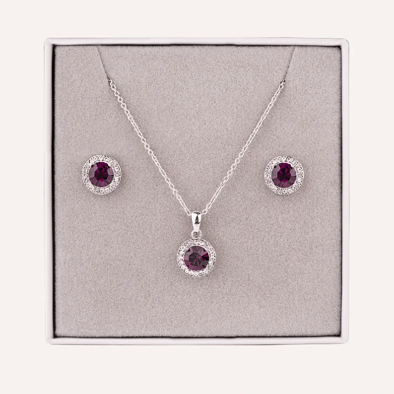 February Amethyst-Colour Birthstone Necklace & Earring Set In Silver-Tone