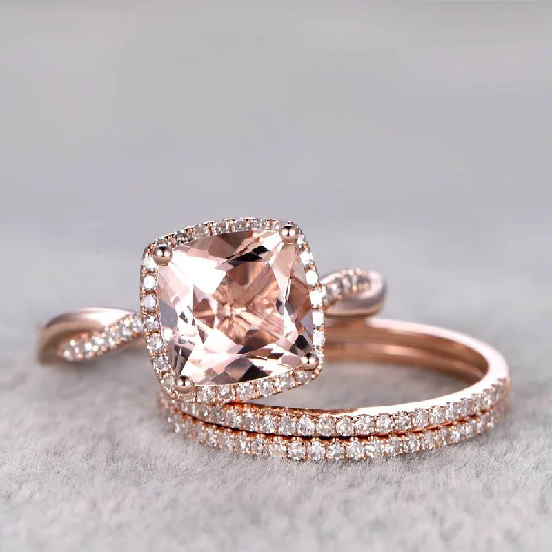 2.4 Carat Cushion Cut Morganite Rose Gold Wedding Set Diamond Bridal Ring 14k Infinity Stacking Matching Band