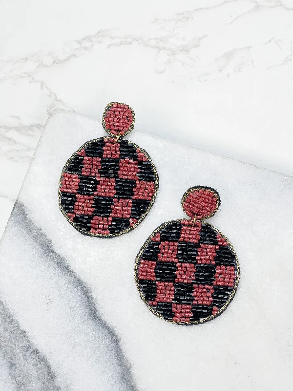 Checkered Beaded Dangled Earrings - Brown