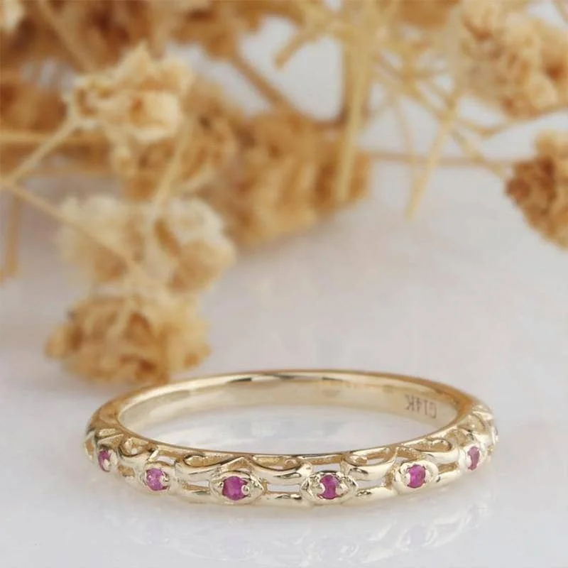 14k Yellow Gold Natural Red Ruby Stack Half Eternity Ring Band