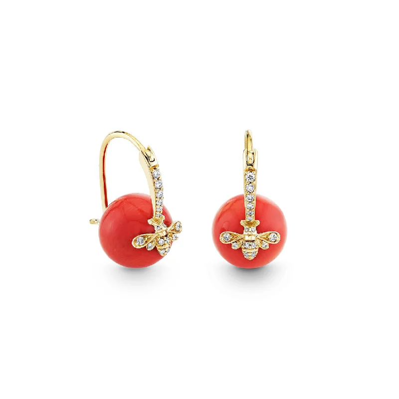 Gold & Diamond Bee Coral Earrings