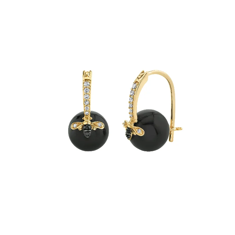 Gold & Diamond Bee Onyx Earrings