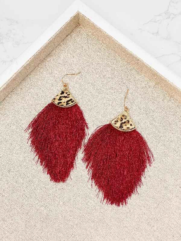 Leather Tassel Leopard Detail Earrings - burgundy