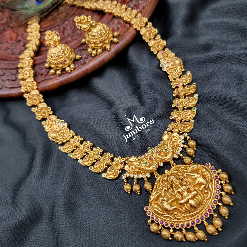 Peacock Matte Gold Temple Jewelry Long Lakshmi Necklace Set