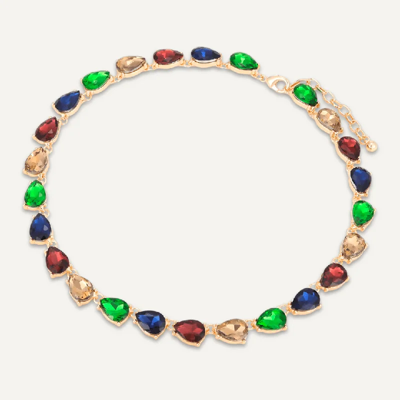 Teardrop Multi-Coloured Jewel Collar Necklace In Gold-Tone