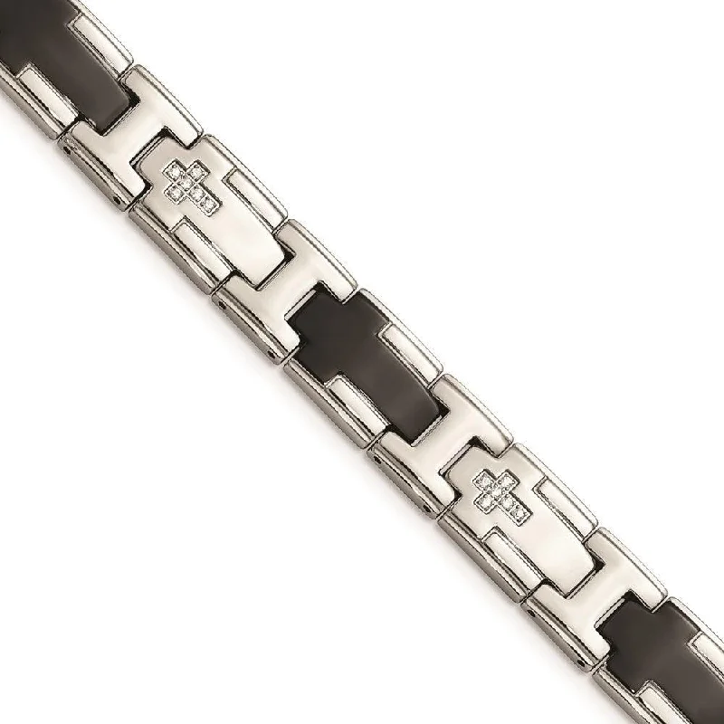 Stainless Steel Polished Black IP-plated with CZ Cross Bracelet