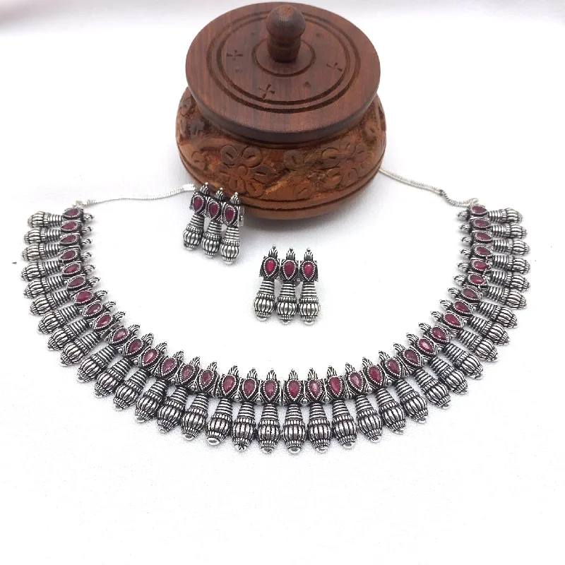 Trendy Oxidized Silver Choker style Jaipur Indian Necklace set wth red stones