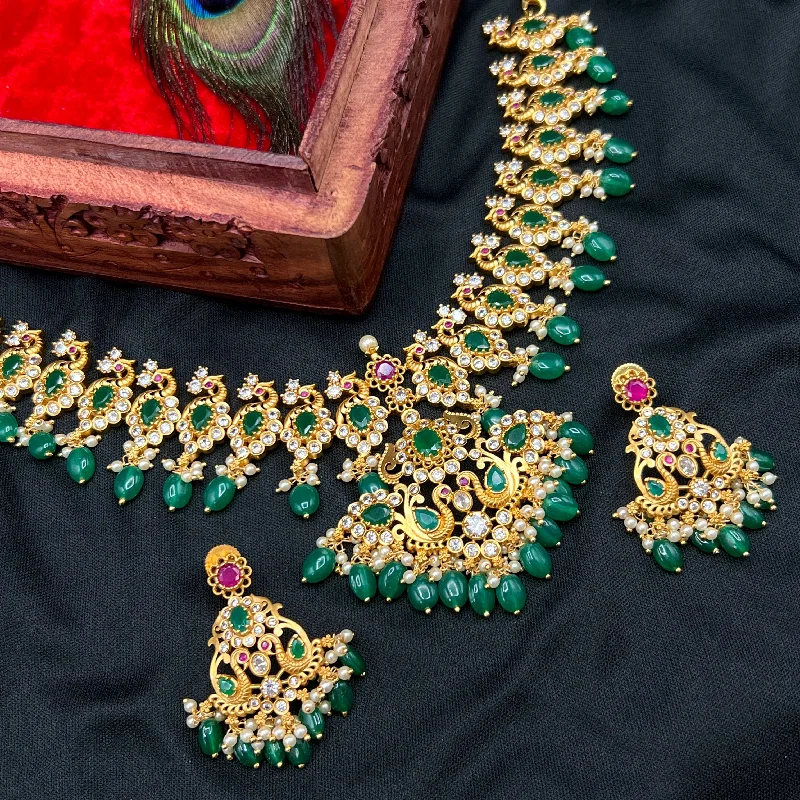 Premium Emerald Green & White AD Zircon Peacock Mango Necklace