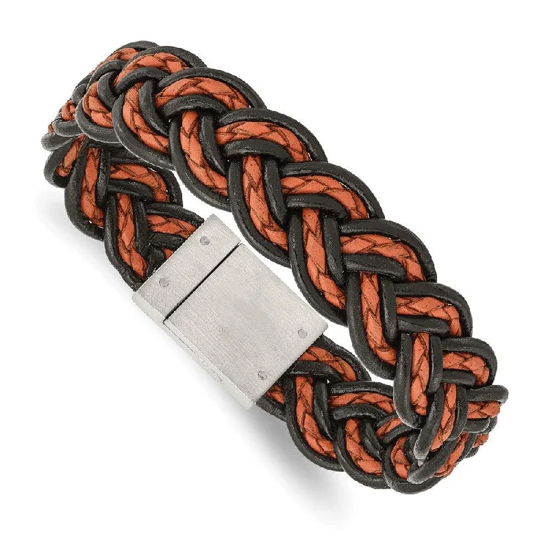 Stainless Steel Brushed Black and Orange Woven Leather Bracelet