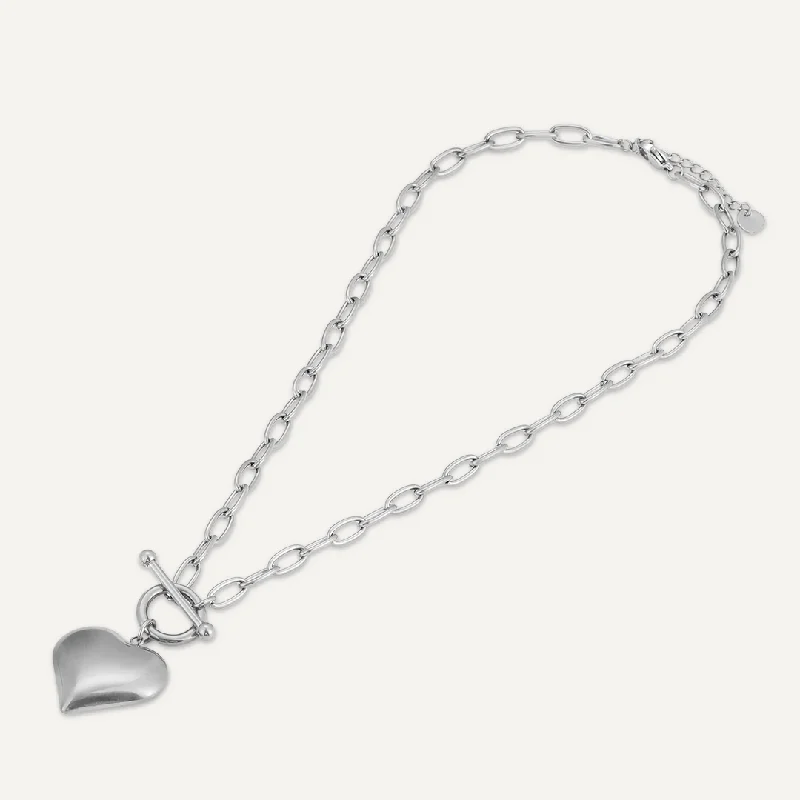 T-Bar Heart Pendant Chain Necklace In Silver-Tone