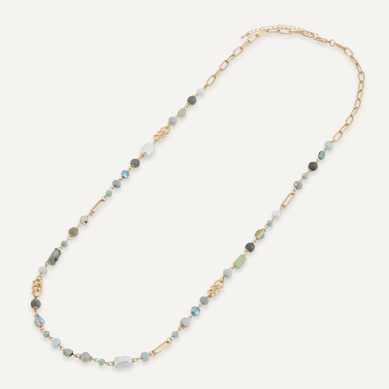 Green Crystal & Natural Stone Long Necklace In Gold-Tone