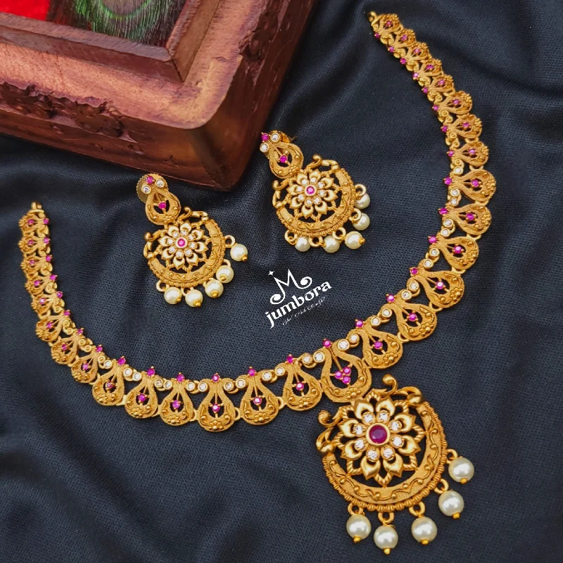 Matte Gold Floral White & Red AD Necklace set