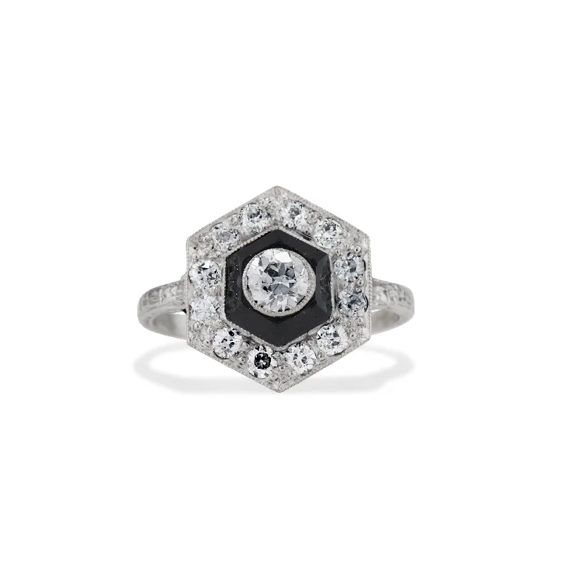 Art Deco Onyx and Diamond Hexagon Ring