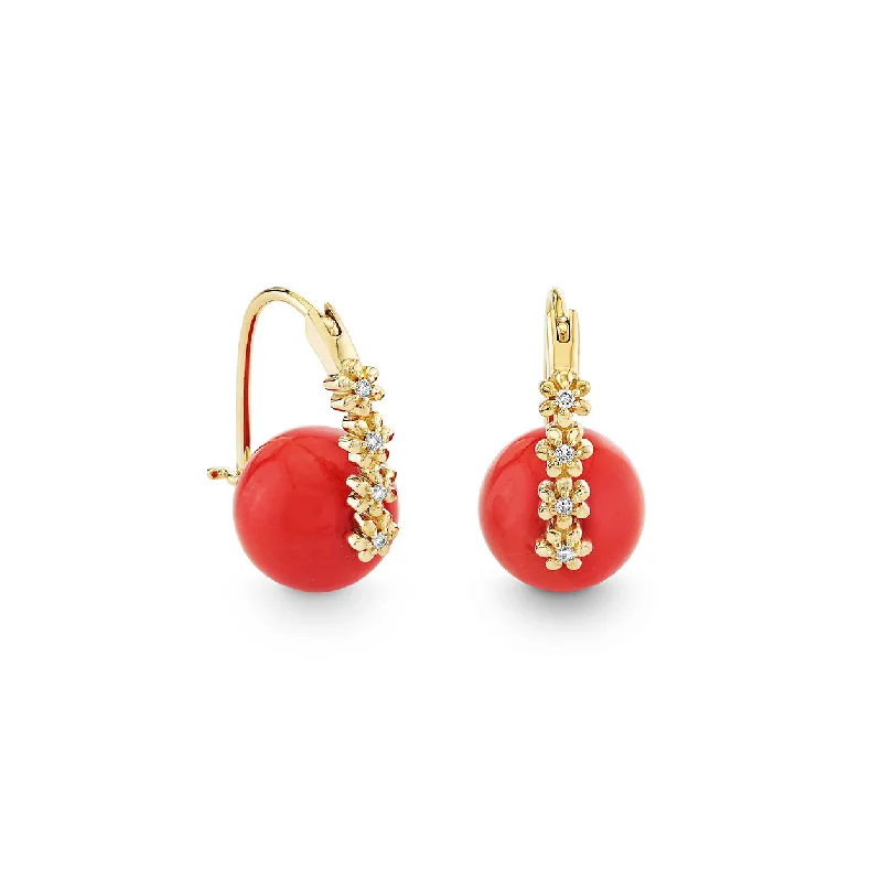 Gold & Diamond Tiny Daisy Coral Earrings