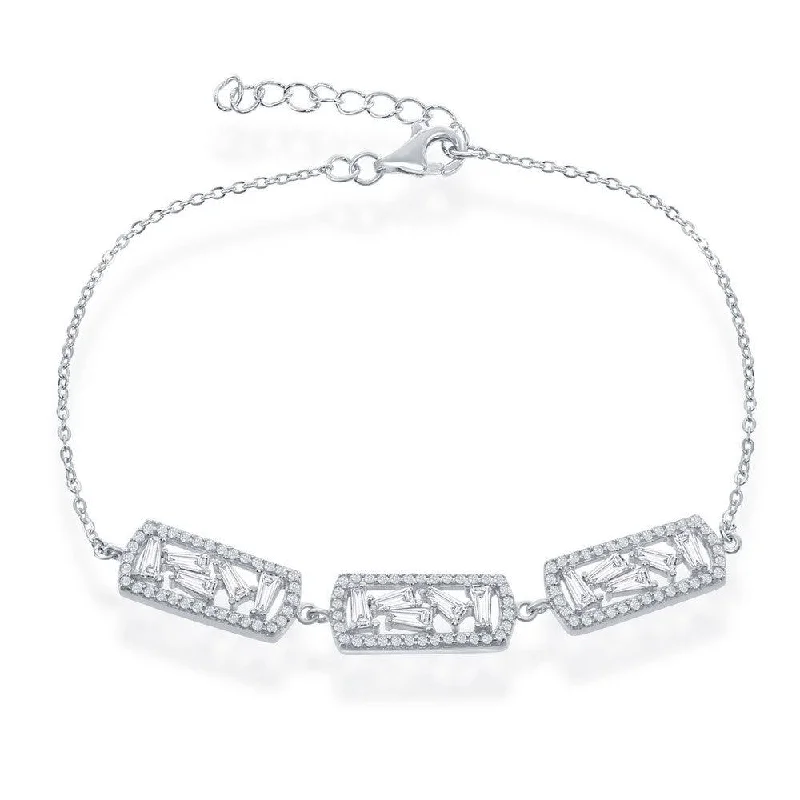 Sterling Silver Triple Rectangle with Baguettes and CZ Bracelet