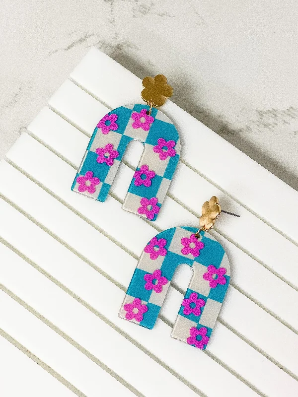 Blue Checkered Flower Arch Dangle Earrings