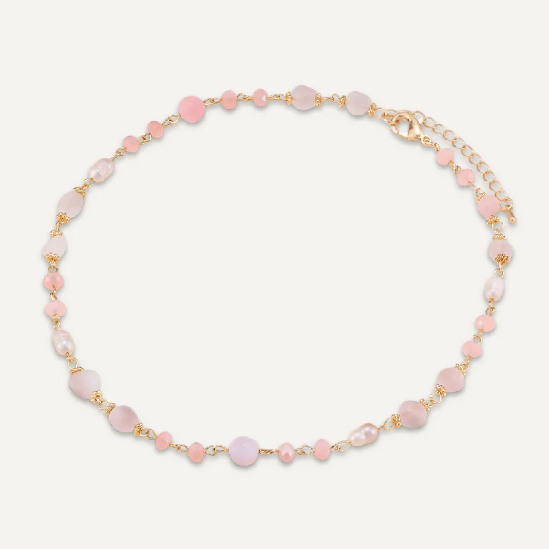 Pink Semi-Precious Stone, Crystal & Fresh Water Pearls Short Necklace In Gold-Tone