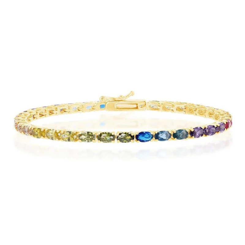 Sterling Silver Gold Plated Oval Rainbow CZ Tennis Bracelet