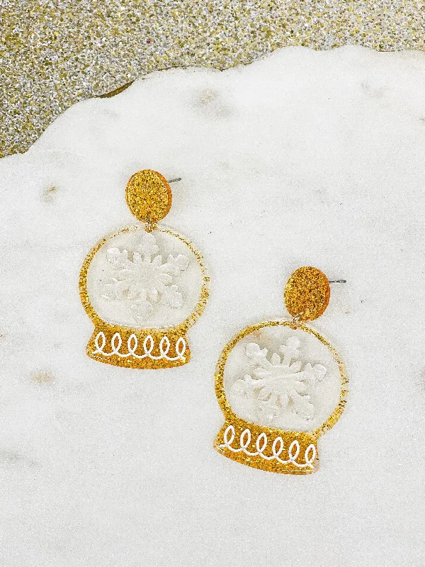 Gold Snow Globe Dangle Earrings - Snowflake