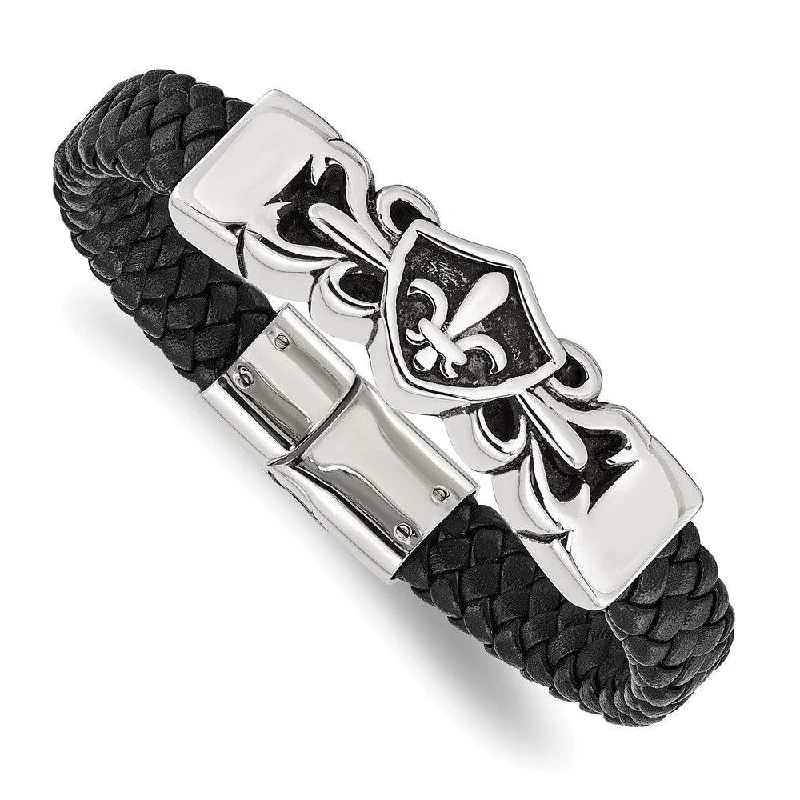 Stainless Steel Antiqued & Polished Fleur de Lis Black Leather Bracelet