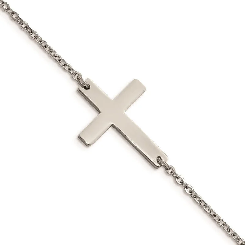 Stainless Steel Polished Sideways Cross 7.25in Bracelet