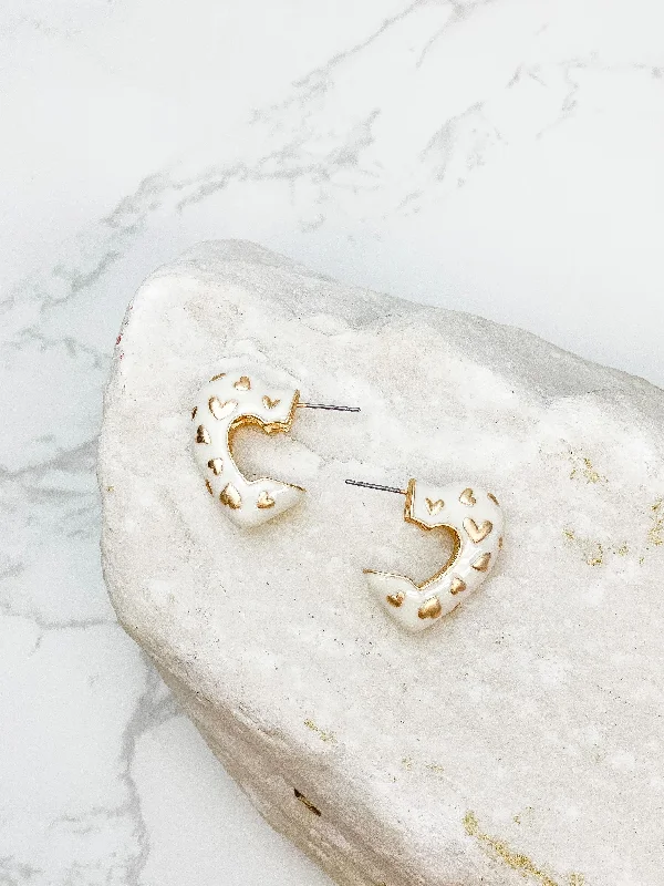 Enamel Heart Gold Mini Hoop Earrings - Ivory