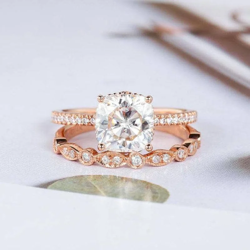 14k Rose Gold 2ct 7.5mm Cushion Cut Diamond Bridal Ring Set