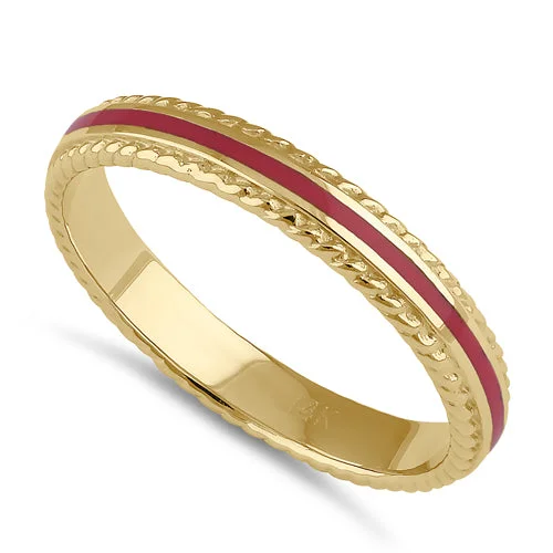 Solid 14K Gold Pink Enamel Rope Band Ring