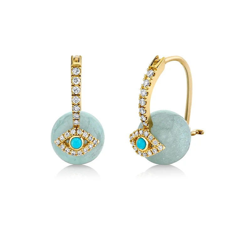 Gold & Diamond Turquoise Eye Aquamarine Earrings