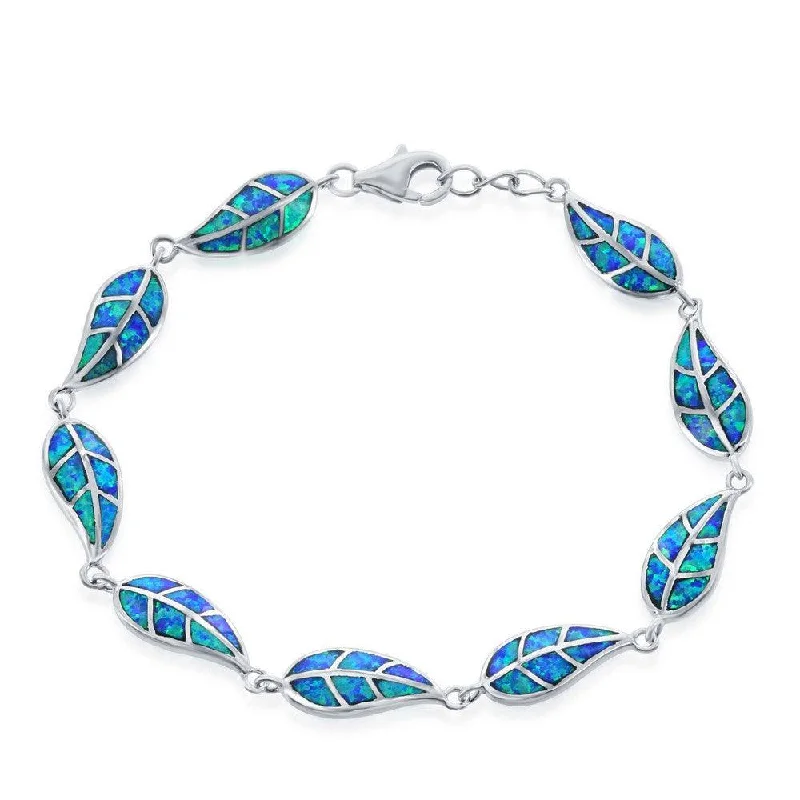 Sterling Silver Blue Inlay Opal Linked Leaf's Bracelet, 7.5"