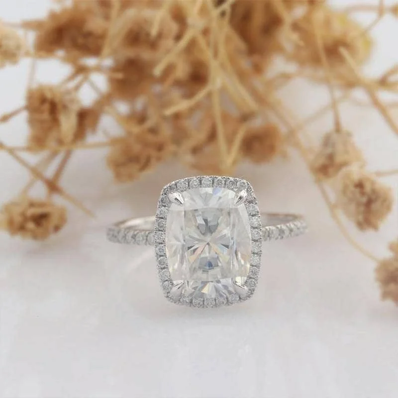 14k White Gold 4ct 8*10mm Cushion Cut Diamond Halo Engagement Ring